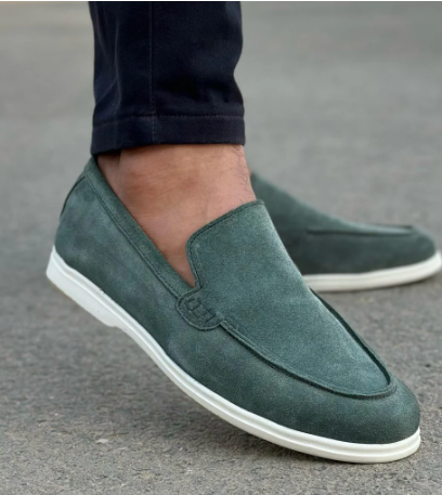 100% Hand Made Pure Suede Leather Slip-On Shoes for Men - Black, Blue, Brown & Green | White Rubber Sole