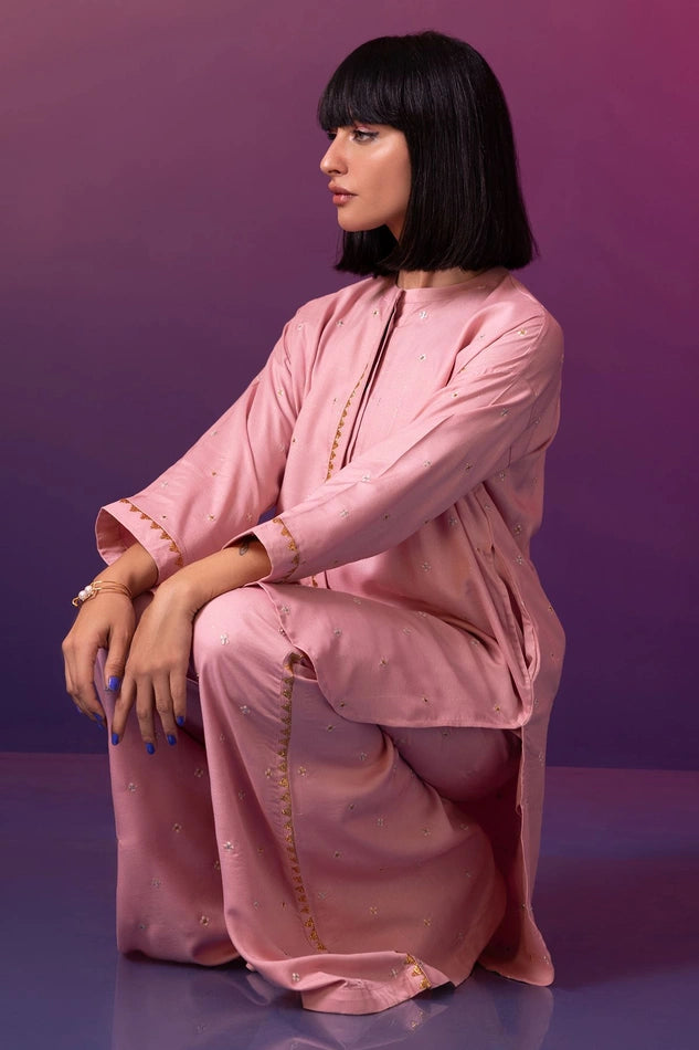 Embroidered Peach Crepe Co-Ord: Relaxed Fit Yarn Dyed Dress | Free Shipping USA