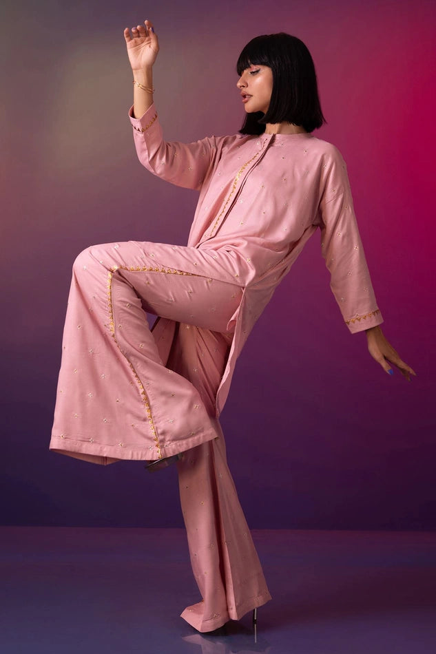 Embroidered Peach Crepe Co-Ord: Relaxed Fit Yarn Dyed Dress | Free Shipping USA