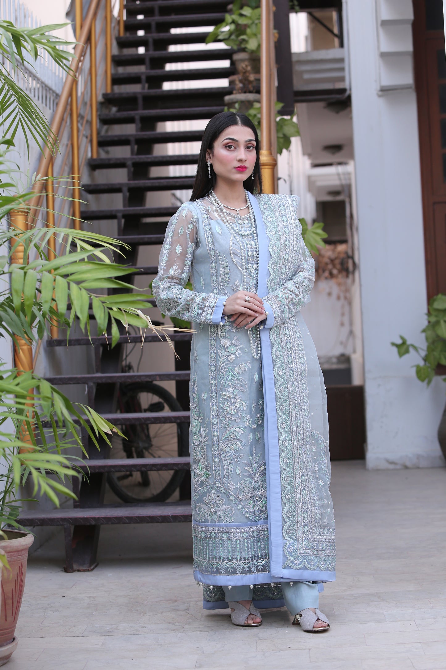 Blue Pearls Detailed Lace and Raw Silk Shalwar Kameez
