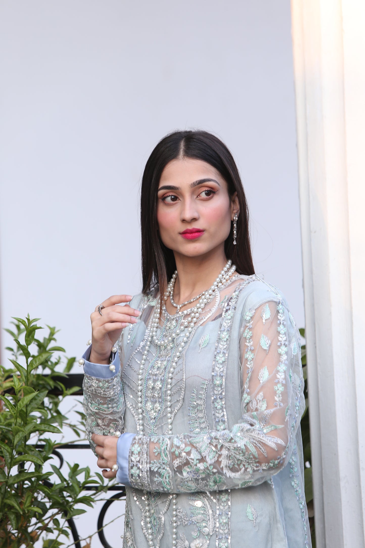 Blue Pearls Detailed Lace and Raw Silk Shalwar Kameez