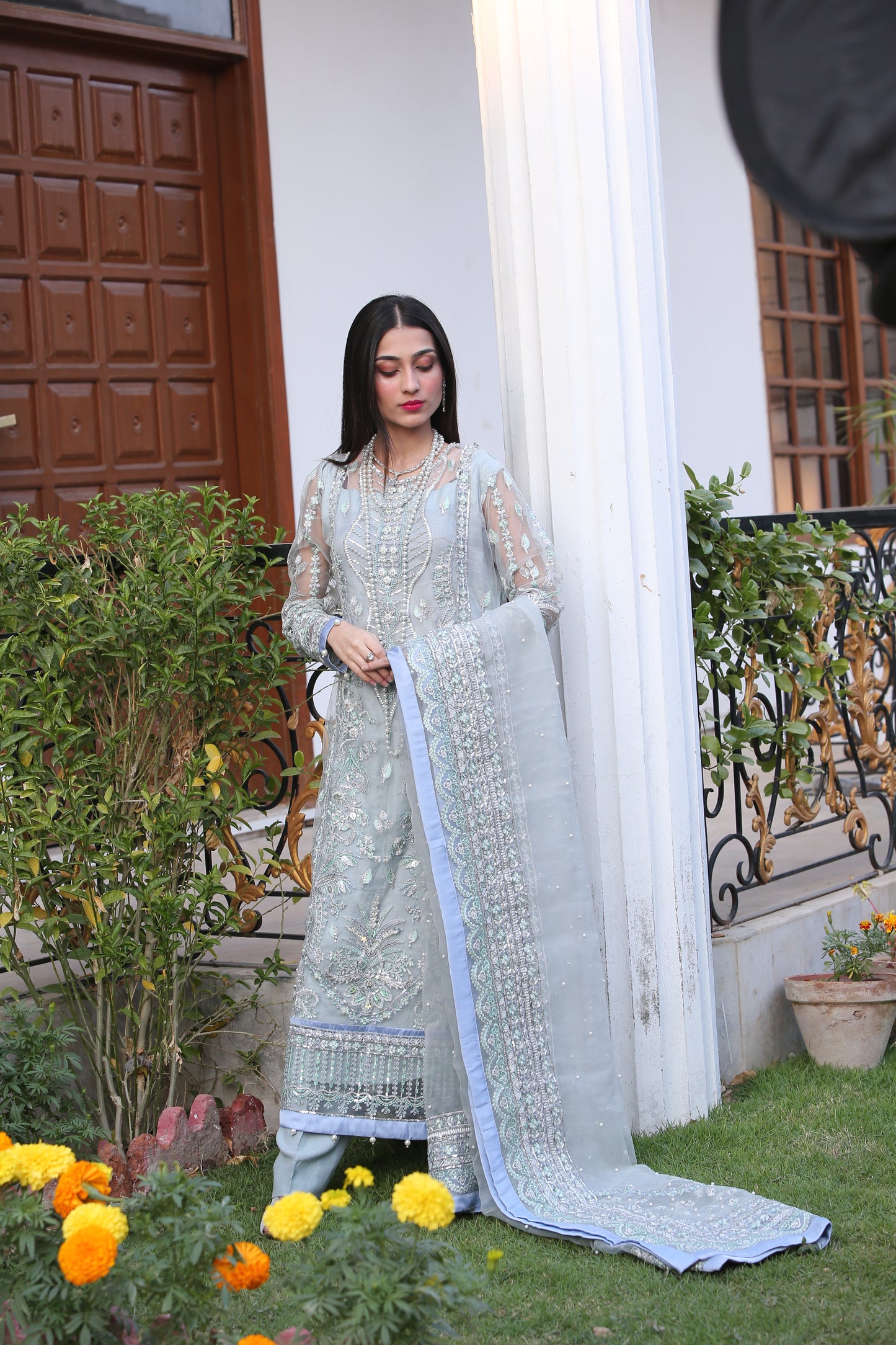 Blue Pearls Detailed Lace and Raw Silk Shalwar Kameez