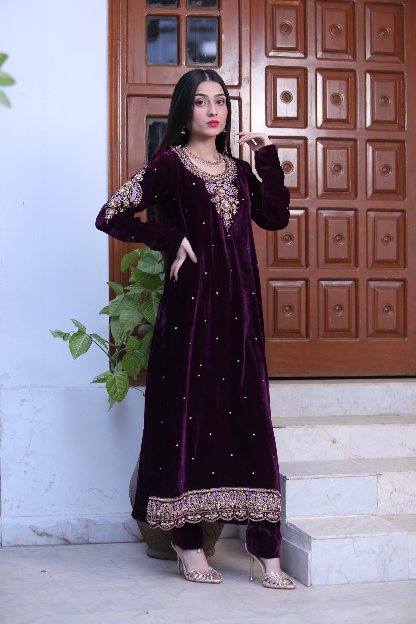 Mir Khaas Purple Velvet Shalwar Kameez