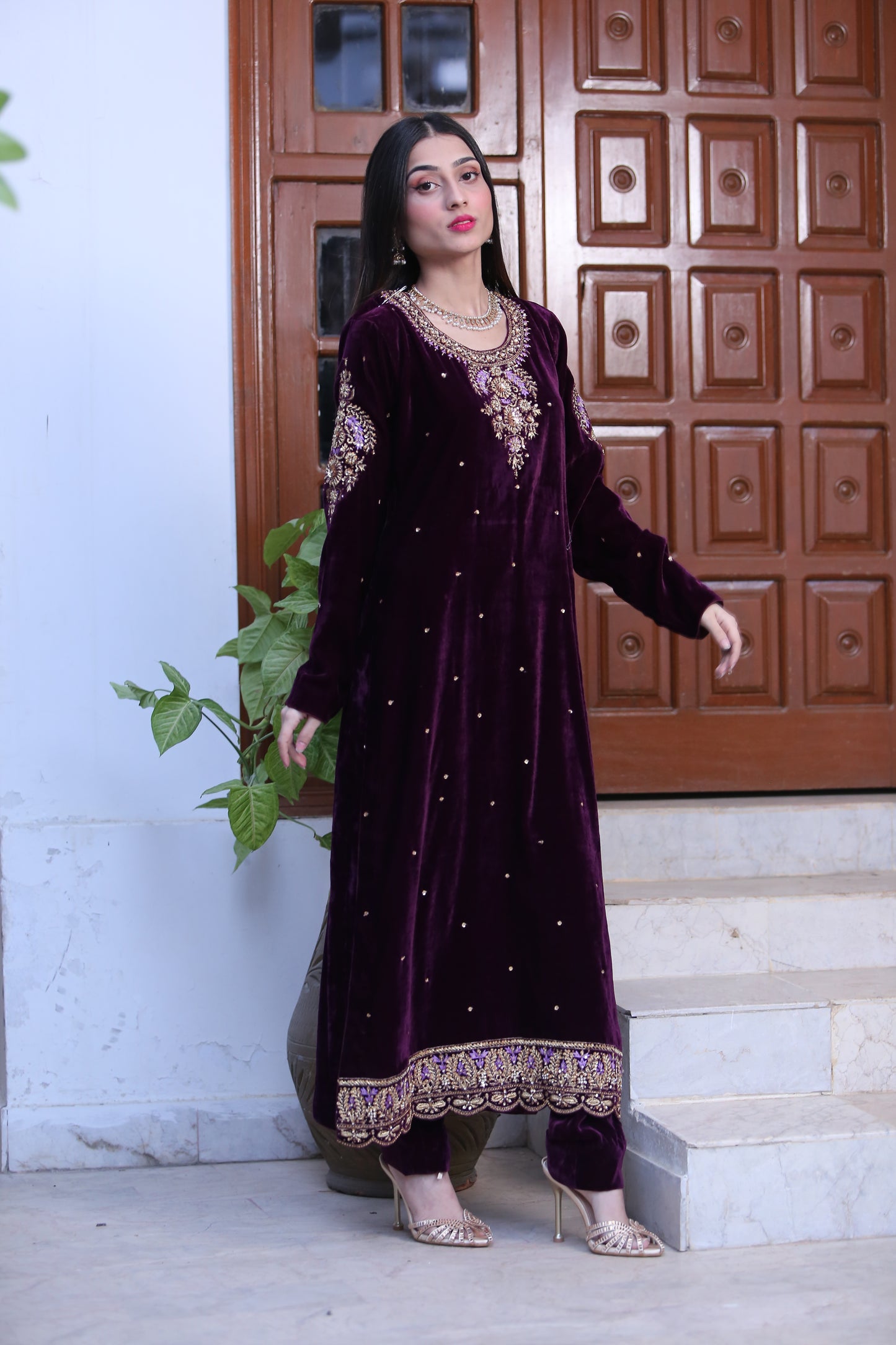 Mir Khaas Purple Velvet Shalwar Kameez