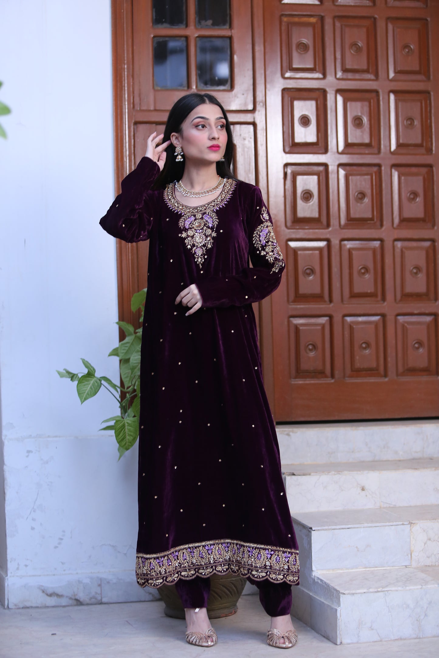 Mir Khaas Purple Velvet Shalwar Kameez