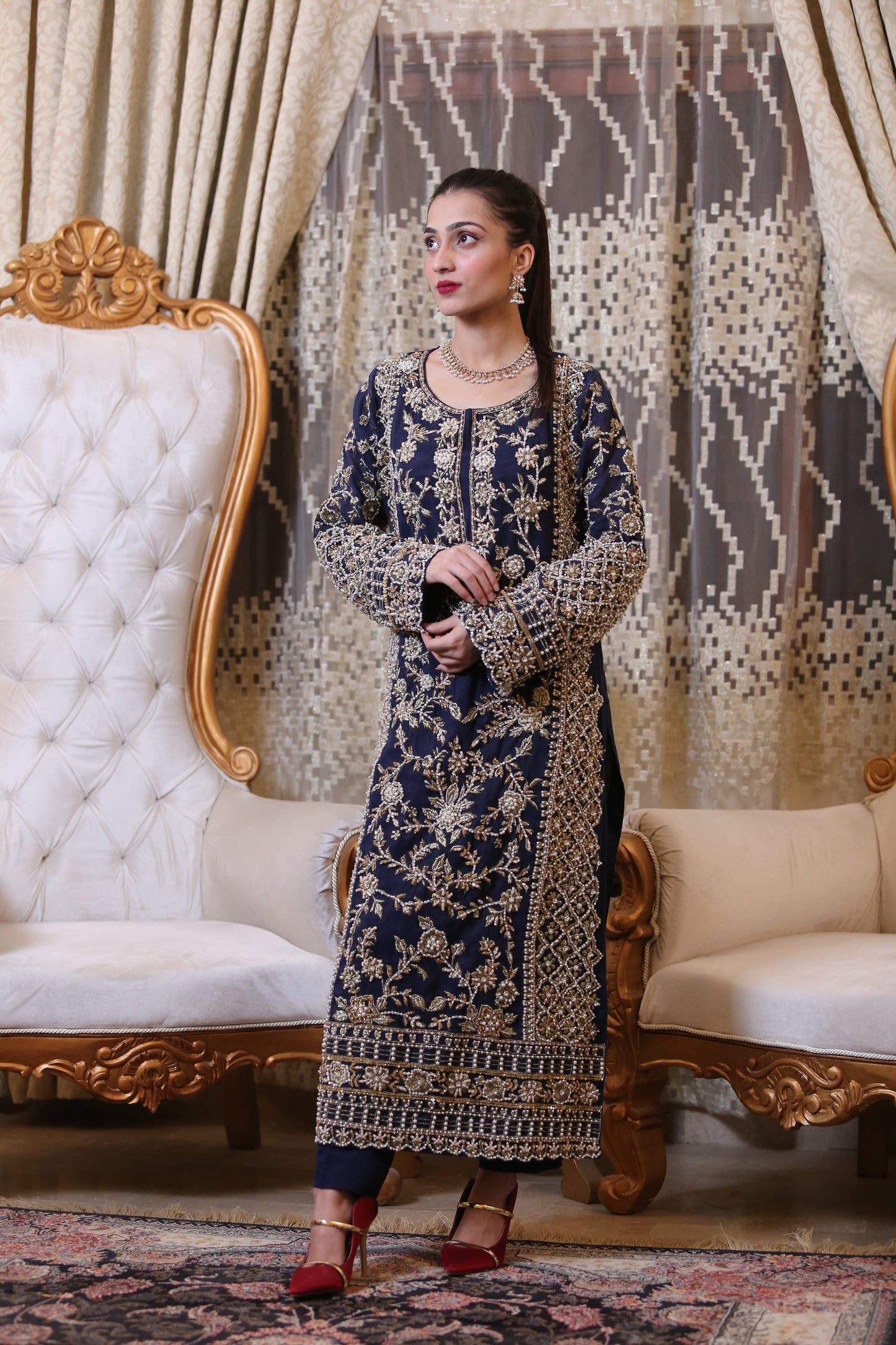 RiRi Royal Blue Kaam Shalwar Kameez with Pants
