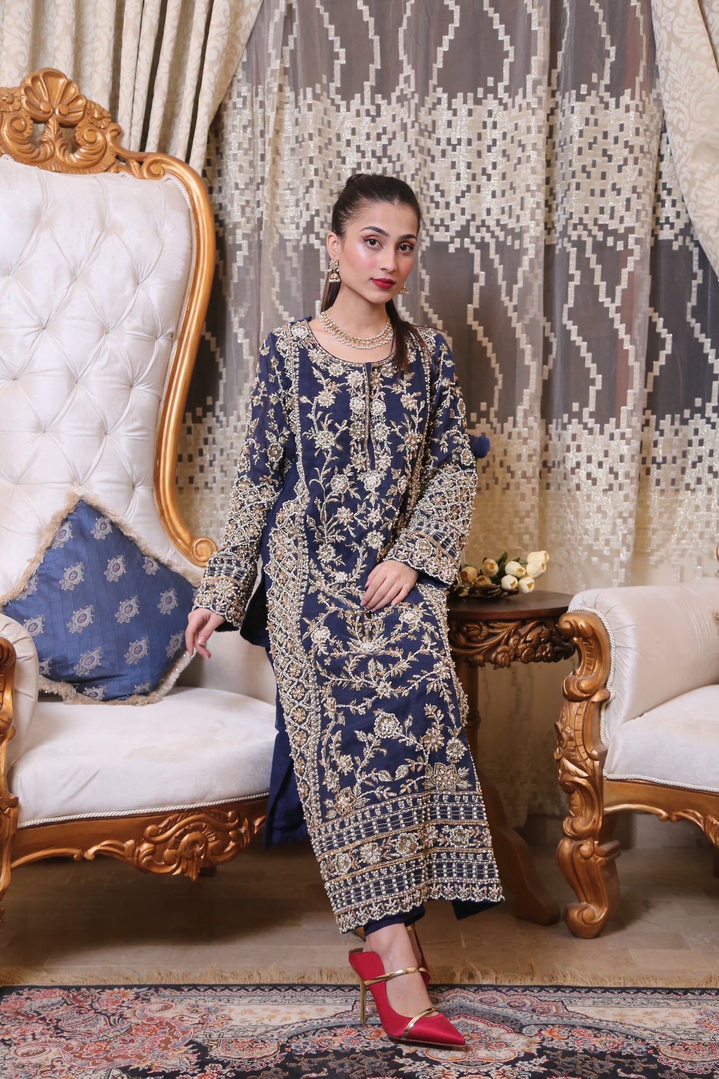 RiRi Royal Blue Kaam Shalwar Kameez with Pants