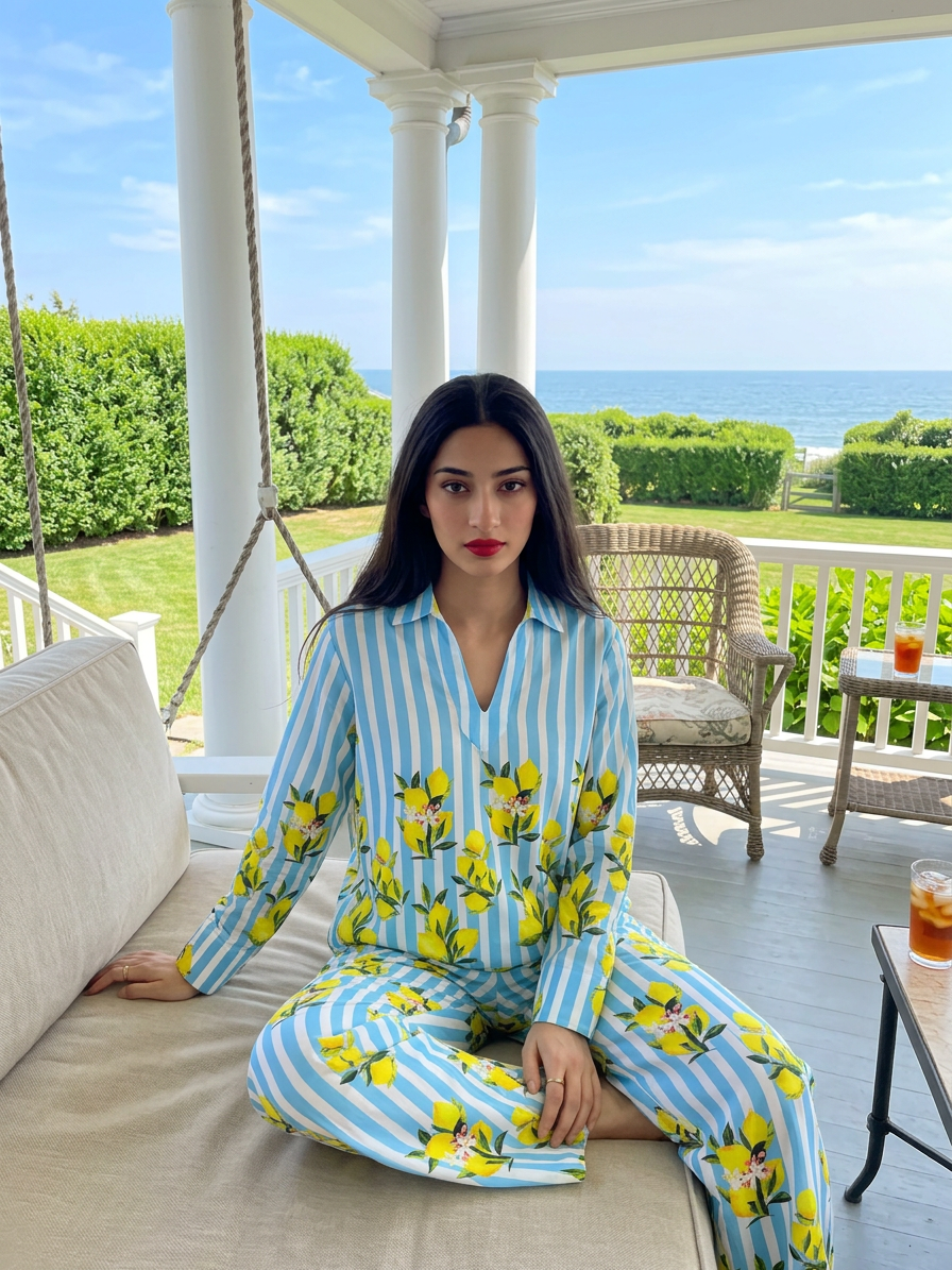 Amalfi Stripe co-ord on a porch swing