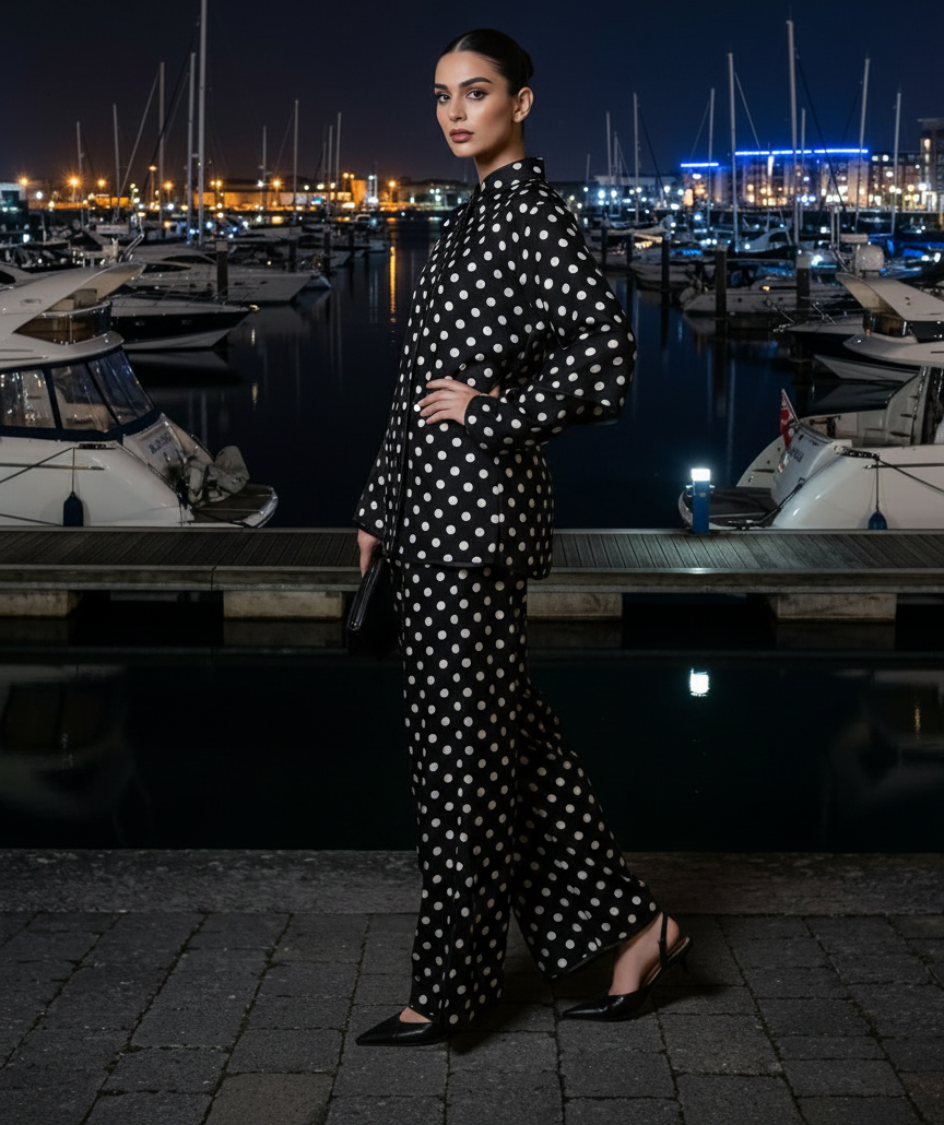Dot Noir co-ord at the marina at night