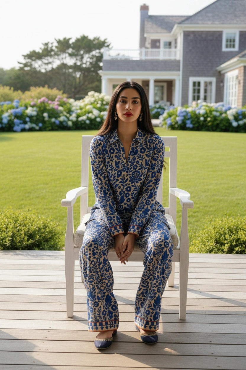 Neel Bayl co-ord seated on a lawn chair