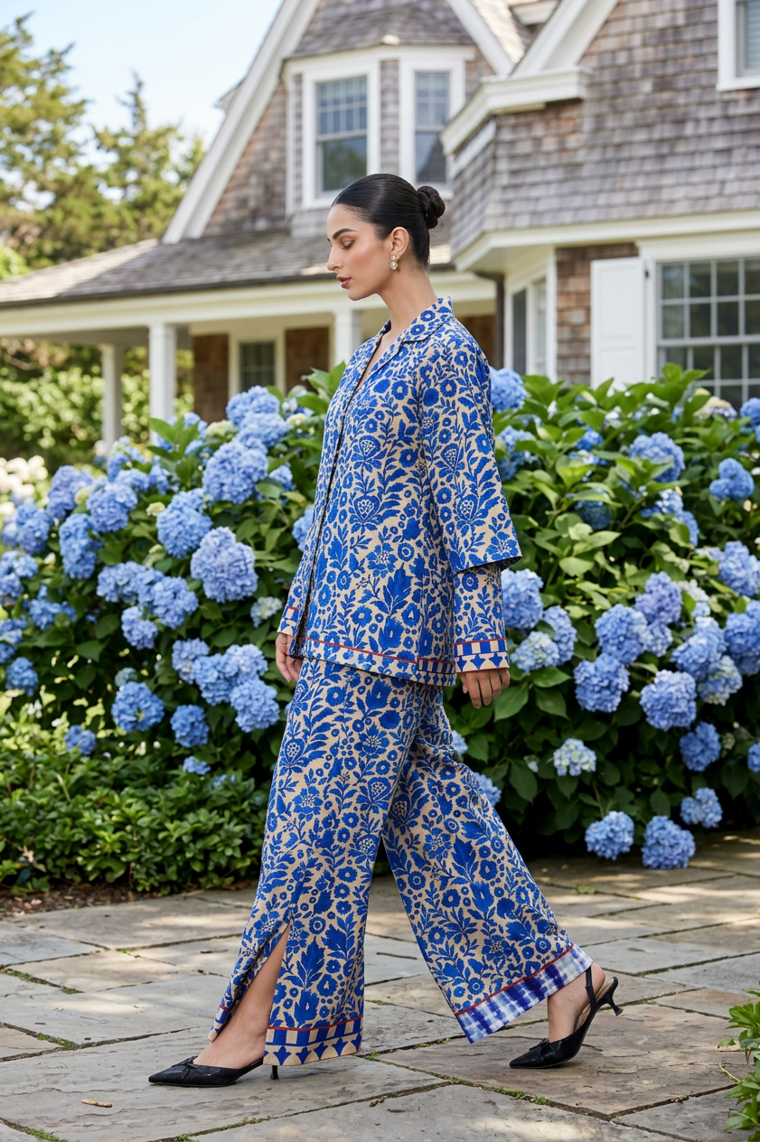 Neel Bayl co-ord among hydrangeas