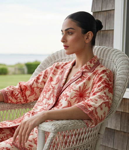 Toile Rouge co-ord in a wicker chair