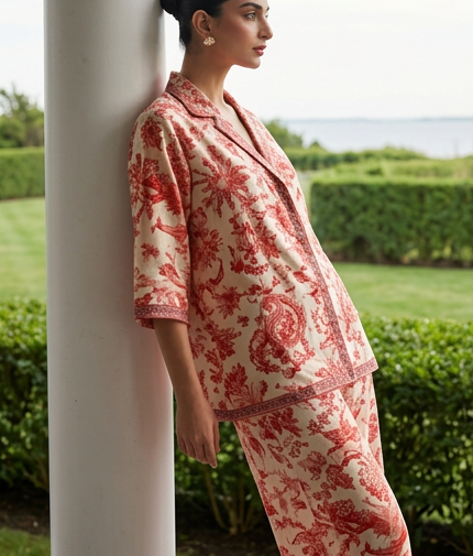 Toile Rouge co-ord against a column