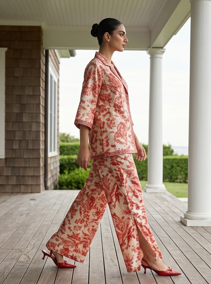 Toile Rouge co-ord on a shingled porch