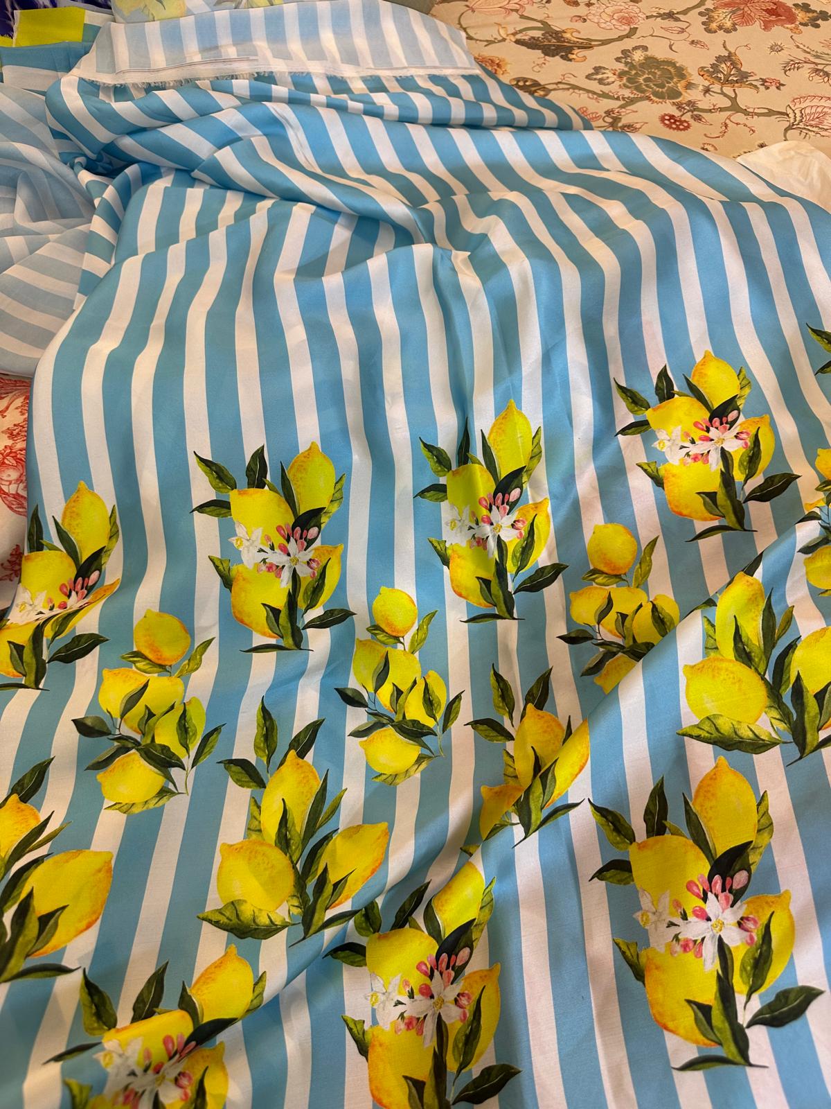 Sky-and-white lemon stripe yardage
