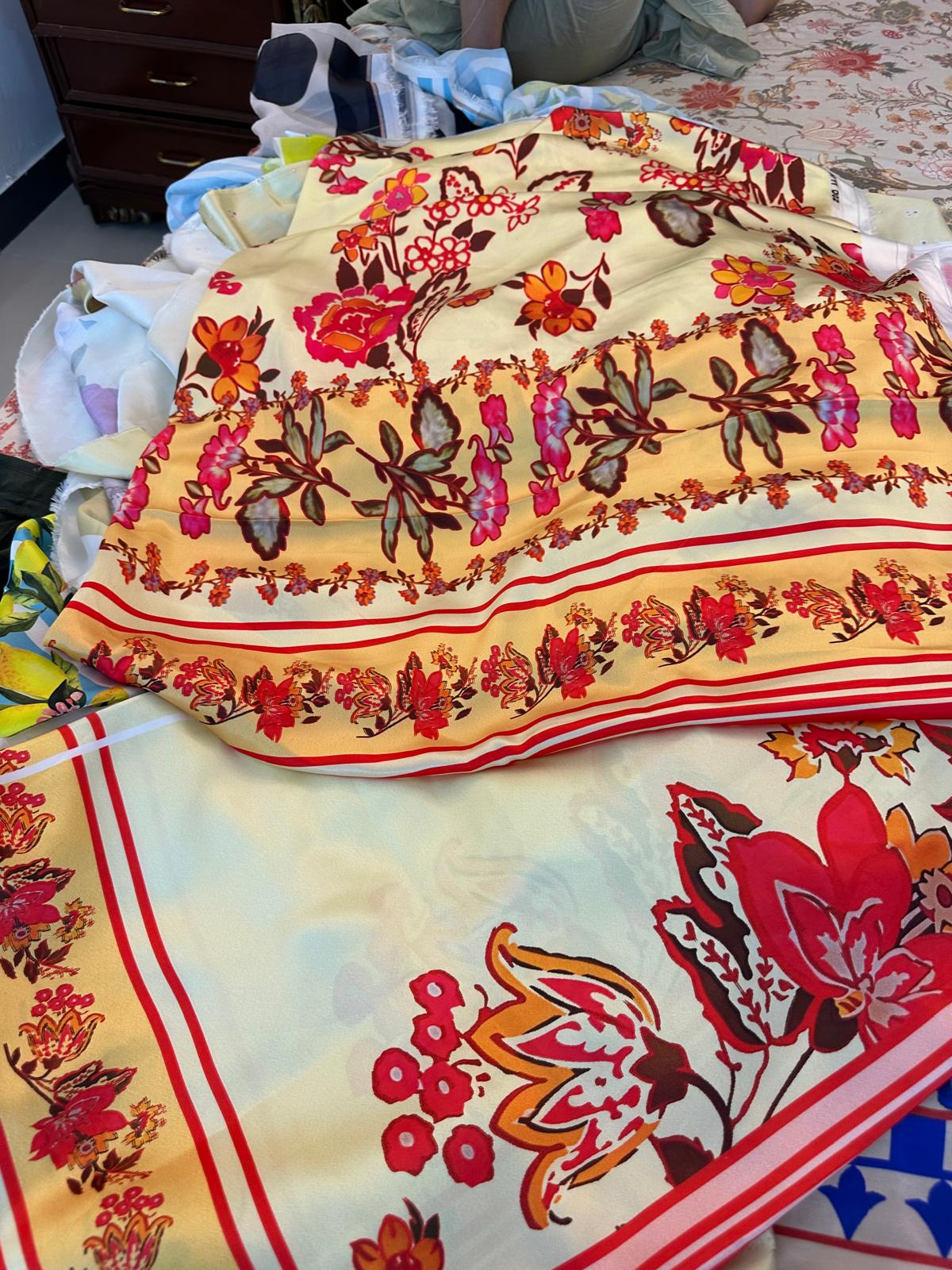Gulmohar yardage on the cutting table