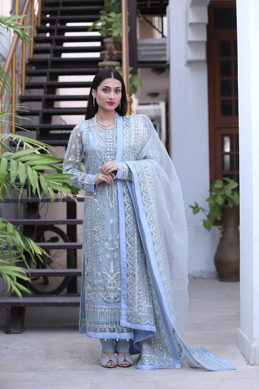 Blue Pearls Detailed Lace and Raw Silk Shalwar Kameez