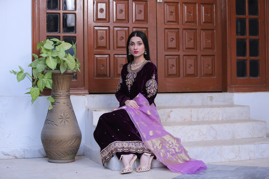 Mir Khaas Purple Velvet Shalwar Kameez