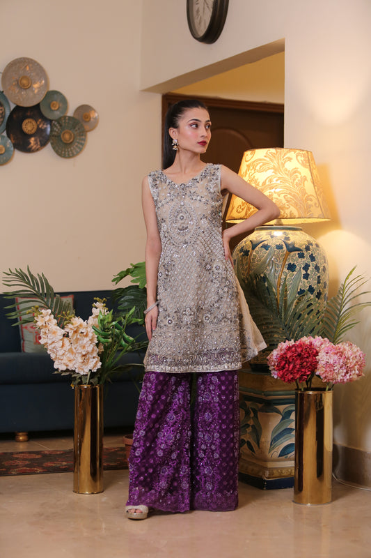 Shasi Sliver and Purple Sleeveless Kaam Shirt and Palazzo Formal Wear