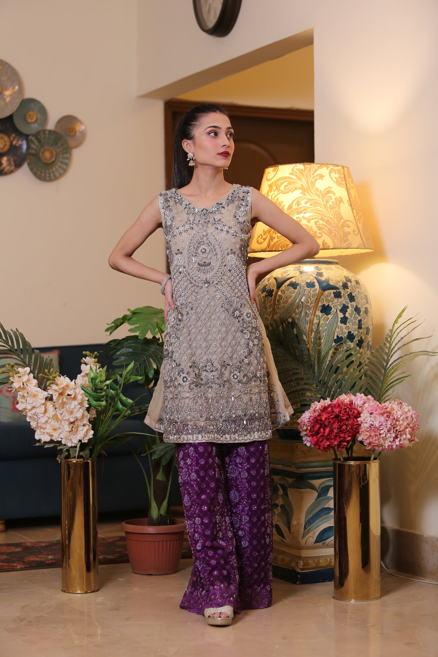 Shasi Sliver and Purple Sleeveless Kaam Shirt and Palazzo Formal Wear