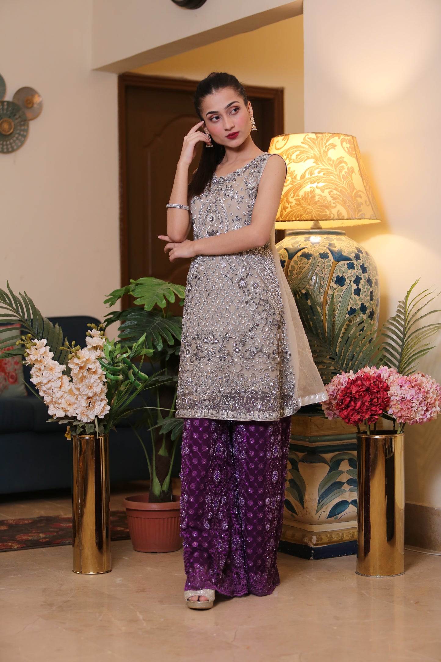 Shasi Sliver and Purple Sleeveless Kaam Shirt and Palazzo Formal Wear