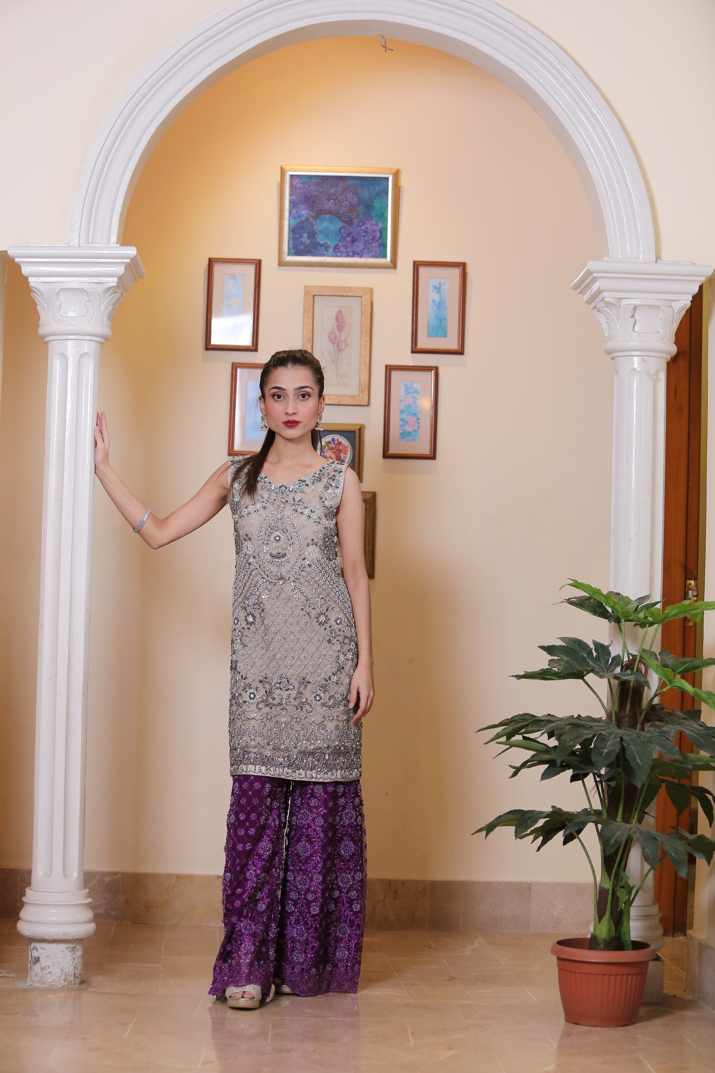 Shasi Sliver and Purple Sleeveless Kaam Shirt and Palazzo Formal Wear